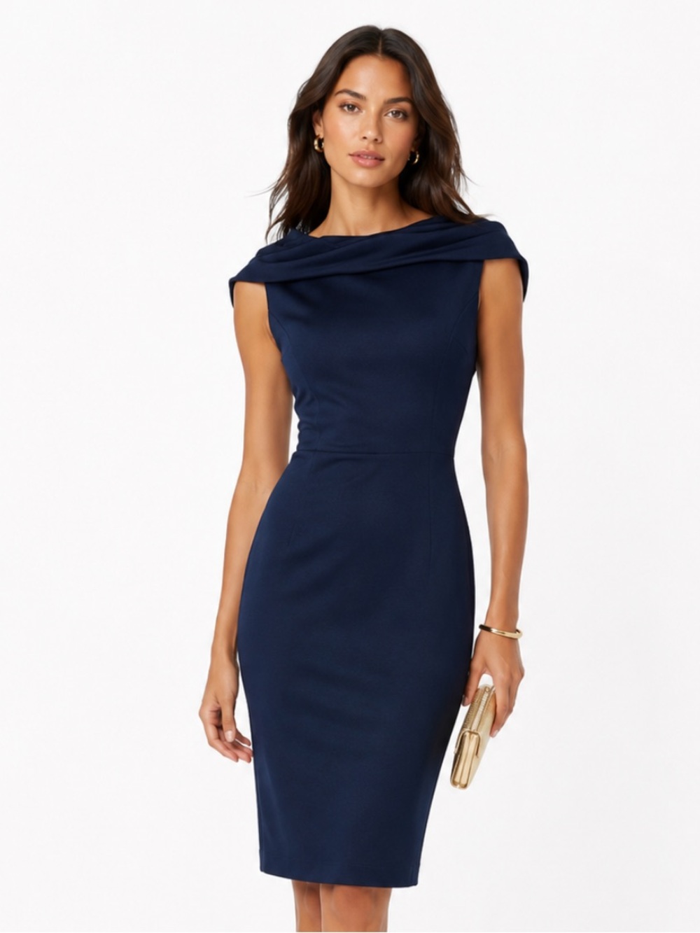 AUGUST SILK 100% Silk Navy Sheath Dress with Draped Neckline
